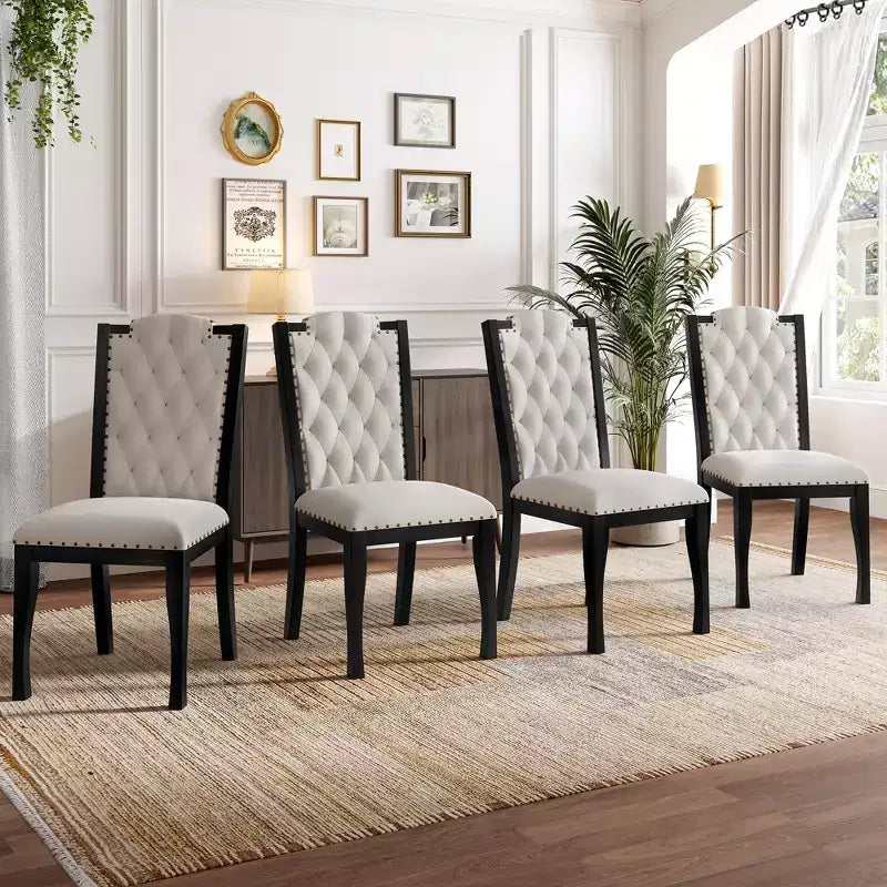 Set of 4 High Back Dining Chairs with Button Tufting and Espresso Wood Legs