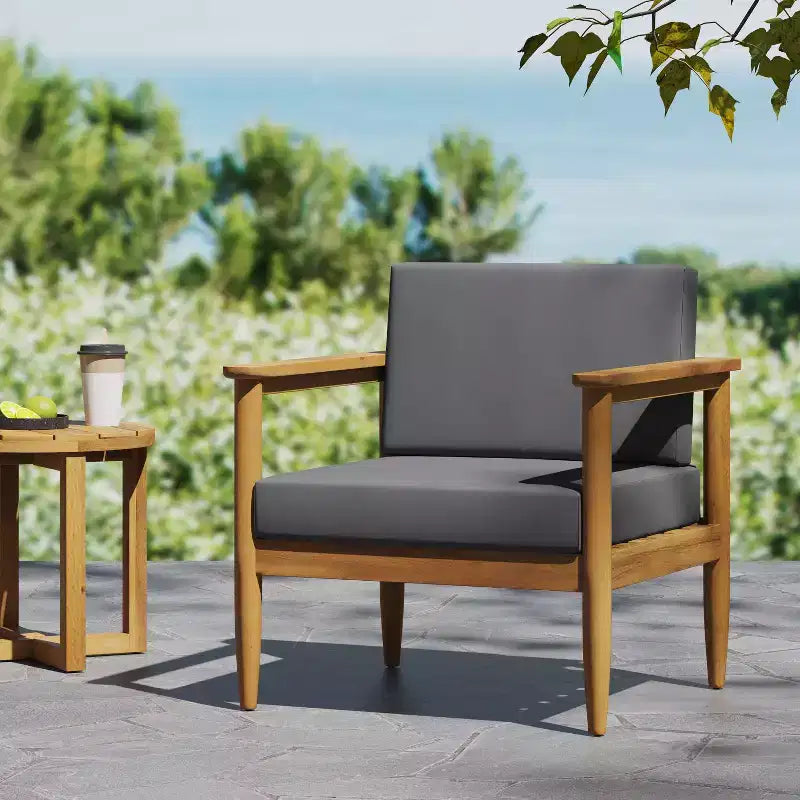 GDFStudio Plumb Outdoor Acacia Wood Club Chair with Gray Water Resistant Cushions