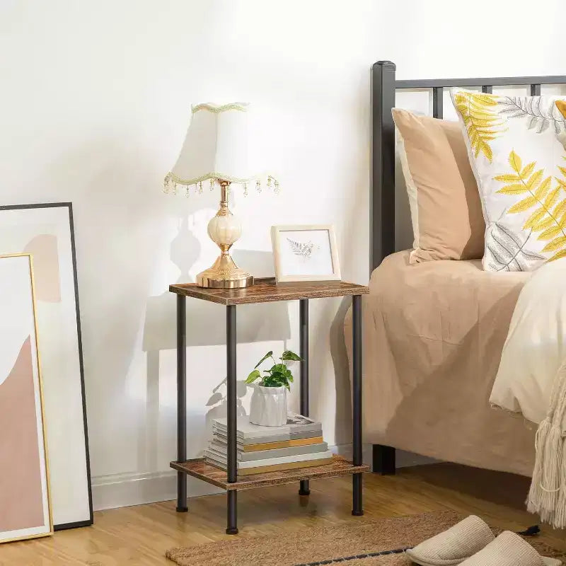 Small Industrial End Table with 2-Layer Storage Shelves, Sofa Side Table for Small Spaces, Living Room/Bedroom