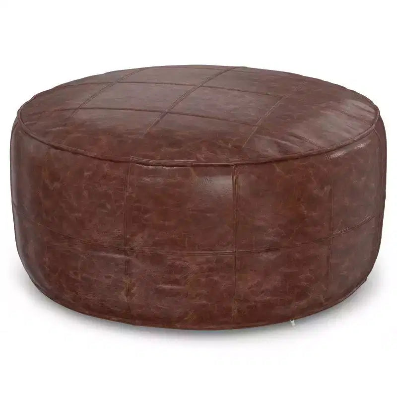 34" Darian Round Coffee Table Pouf Distressed Brown - WyndenHall: Genuine Buffalo Leather, No Assembly Required