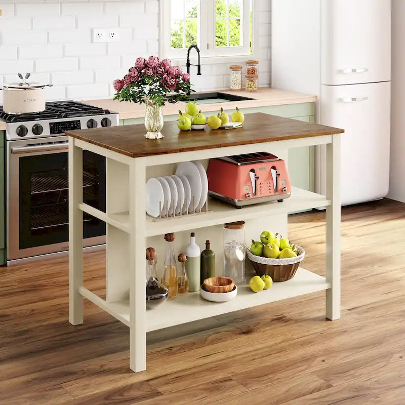 Tan Rustic Solid Rubberwood Stationary Kitchen Island with 2 Open Shelves
