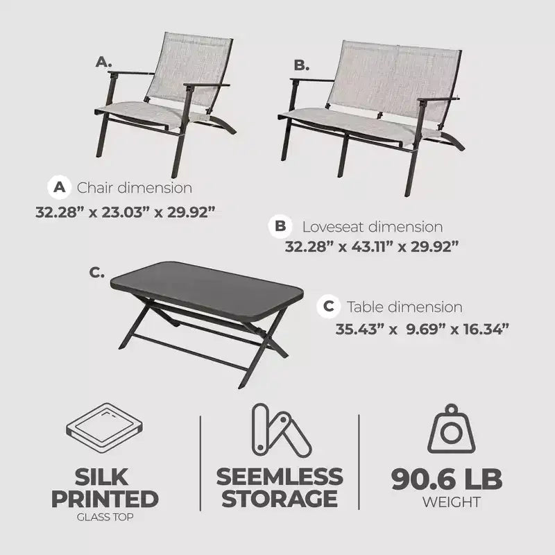 Four Seasons Courtyard Novara 4 Piece Steel Folding Outdoor Conversation Set with 2 Folding Chairs, 1 Loveseat, and 1 Table, Tan/Espresso