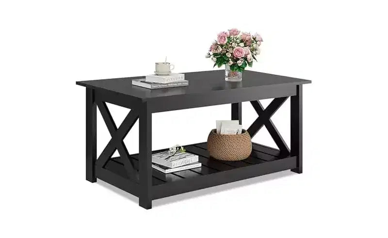 Farmhouse Coffee Table with X-Frame and Storage Shelf, 40.1