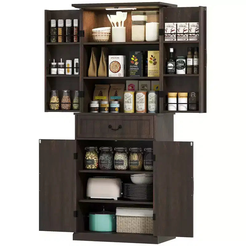 181.1 cm LED Farmhouse Kitchen Pantry Cabinet with Door Shelves