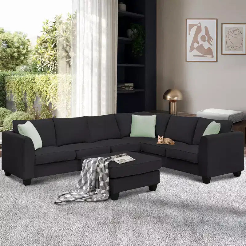 Modern 7-Seater Modular L-Shape Sectional Sofa with Ottoman and 3 Pillows, 112''x87''