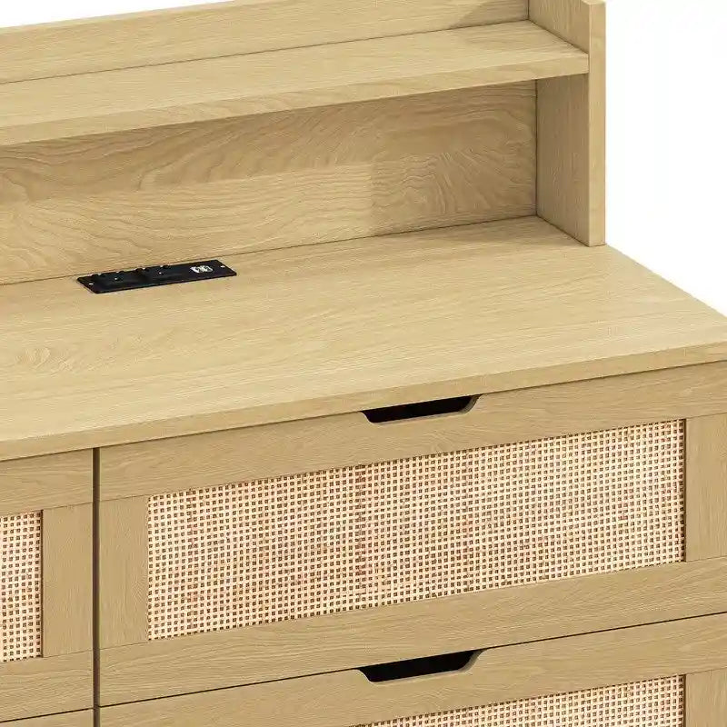 Bohemian Rattan 6-Drawer Sideboard Buffet with Adjustable LED Lights & Power Outlet