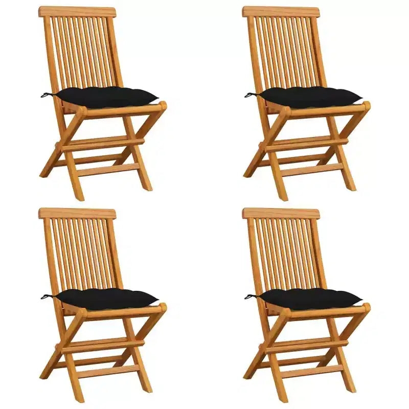 vidaXL Patio Chairs 4 Pcs Folding Chair with Cushions, Solid Teak Wood, Black - Ideal for Outdoor/Garden/Patio