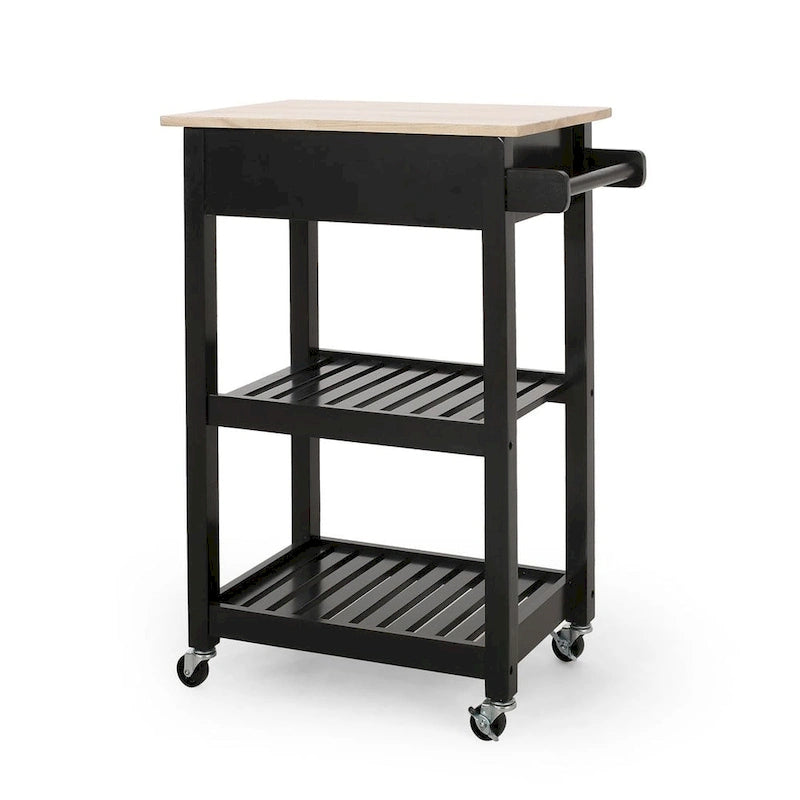 Compact Rolling Kitchen Cart with Rubberwood Top Drawer 2 Slatted Shelves and Towel Rack