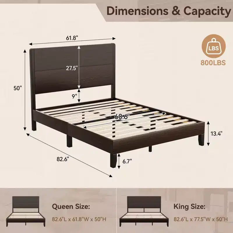 Dyonery Wood Queen Bed Frame, Platform Bed with Tall Headboard, Solid Wood Slat Support, Noise-Free Mattress Foundation, No Box Spring Needed