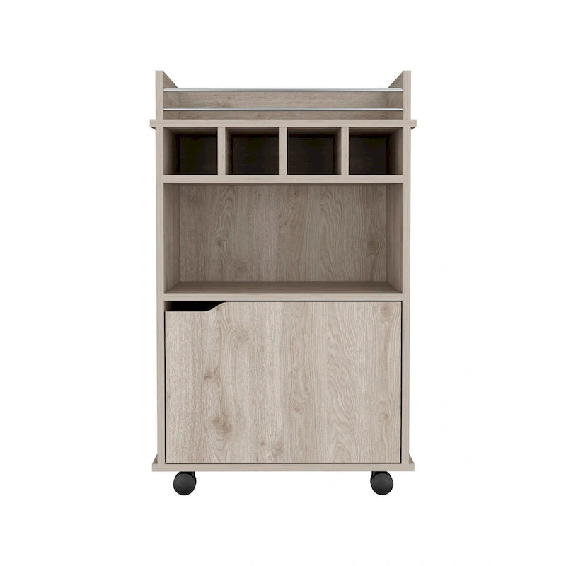 Beige Rolling Bar Cart with Open Shelves Wine Cubbies and Cabinet