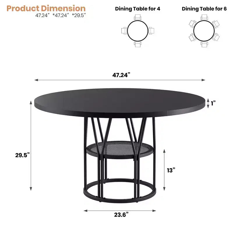 Round Dinning Table for 4-6, 47 Circle Kitchen Table with Storage Shelf & Sturdy Metal Frame, Modern Dinner Table for Kitchen, Living Room, Office