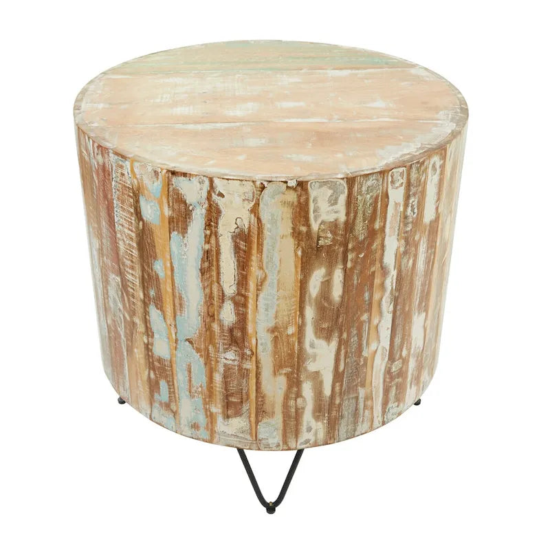 Handmade Mango Wood Distressed Coffee Table | Black Hairpin Legs | 36.5 Round | 100 lb