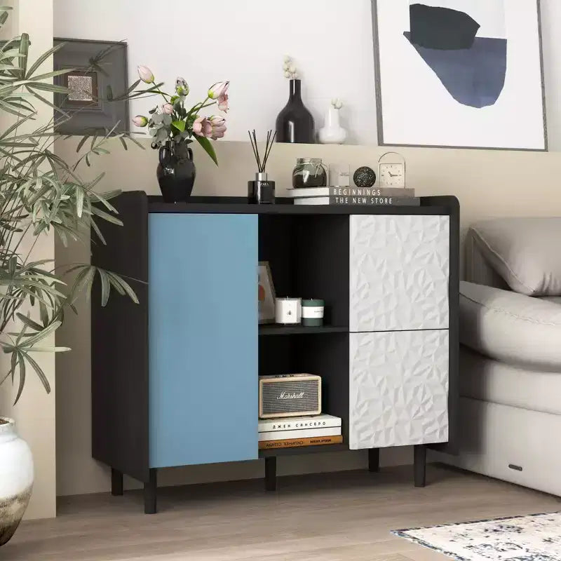 Modern Black Sideboard with Red Doors �C 2 Drawers & 2 Open Compartments