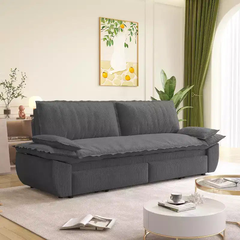 3-in-1 Convertible Sofa Bed – Corduroy Loveseat with Pull-Out Sleeper, Gray