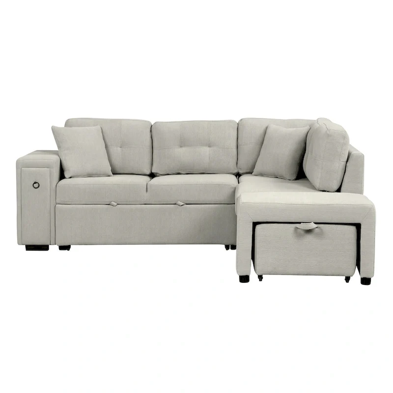 L-Shaped 4-Seat Sectional Sofa with Pull-Out Bed, Ottoman, USB Ports & Drop-Down Table