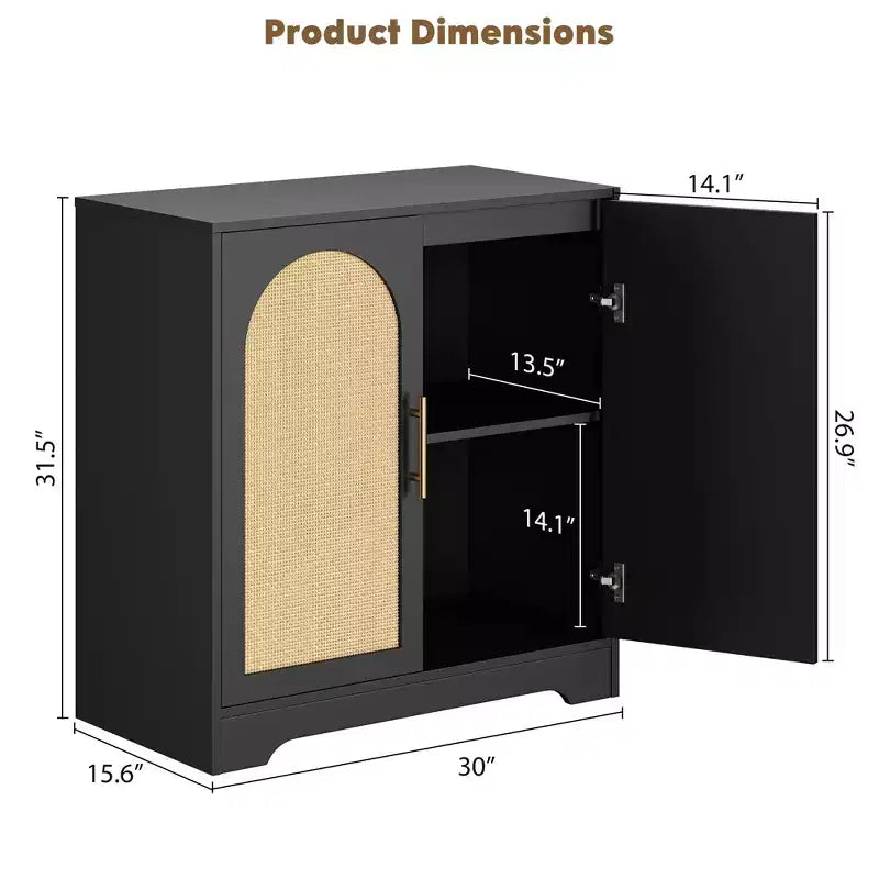 30 Boho Coffee Bar Cabinet  Natural Rattan Doors, Solid Wood Legs, Metal Handle, 26.9 H TV Stand / Sideboard for Living Room & Dining Room