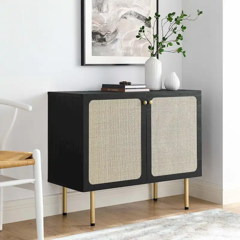 Rattan Door Accent Cabinet – Black / Oak, Wood Grain, Adjustable Legs
