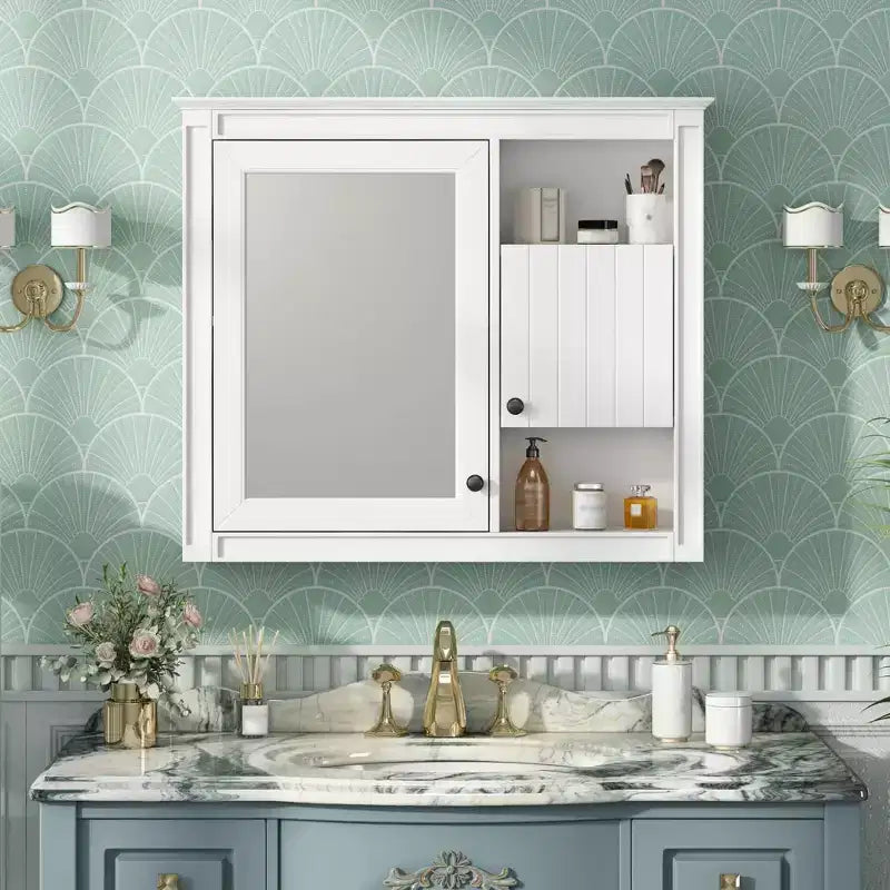 MAYEERTY 32 Bathroom Wall Cabinet with MIrrorWall Mounted Medicine Cabinet with 3 Shelves for Bathroom White