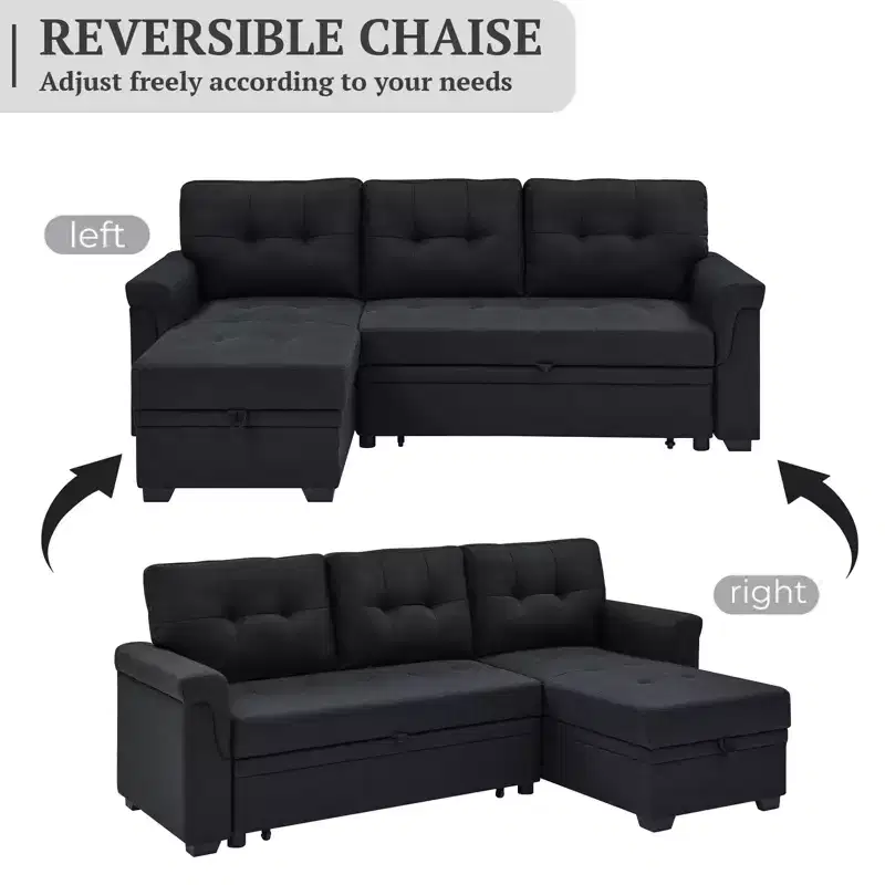 MooxvMoo 86 Modern Sleeper Sectional with Reversible Chaise, 3-Seater Convertible L-Shaped Sofa Bed, Pull-Out Couch in Linen-Like Fabric, Black
