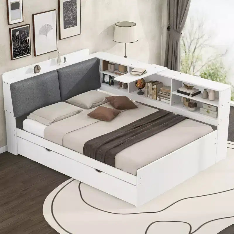 FAMYYT Full Size Platform Bed?With Storage Headboard, Shelves and Trundle, Easy Assembly