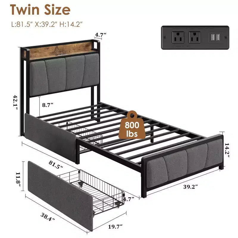 Coolmee Bed Frame with 2 Storage Drawers and Charging Station, Rustic Linen Upholstered Platform Bed with Storage Headboard, Heavy Duty