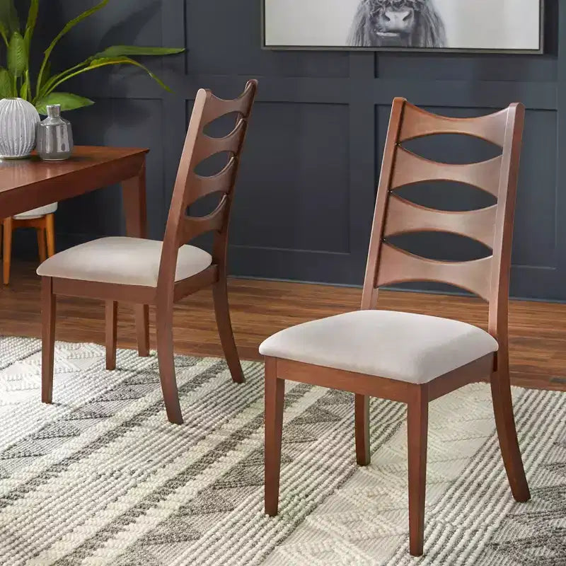 Lifestorey Set of 2 Lydon Modern Cutout Back Dining Chair Walnut/Light Gray: Mid-Century Modern, Rubberwood Frame, Linen Upholstery