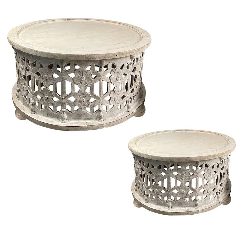 30 Inch Round 2 Piece Wood Coffee Table Set, Carved Floral Design, Antique White