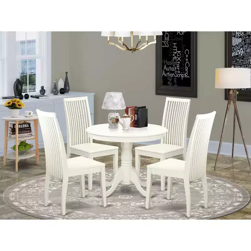 Kitchen Table 5-Piece Round Dining Table & 4 Chairs Linen White Modern Bistro