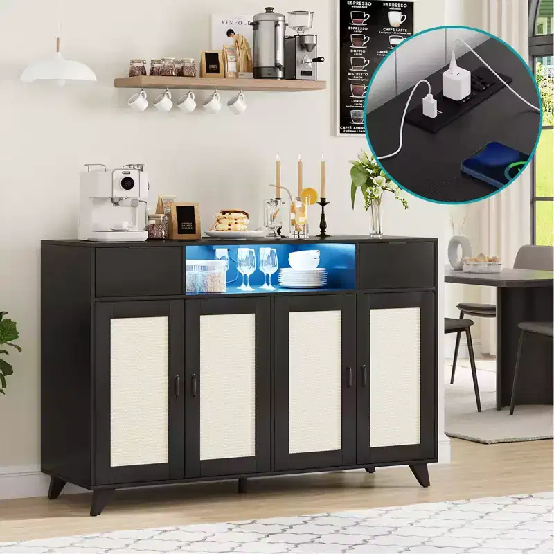 47.2 Rattan Sideboard Buffet Cabinet, 2 Drawers Accent Storage Cabinet, 4 Doors Console Table Coffee Bar With Power Outlet