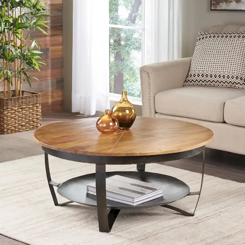 Boho Round Mango Wood Coffee Table with Metal Base