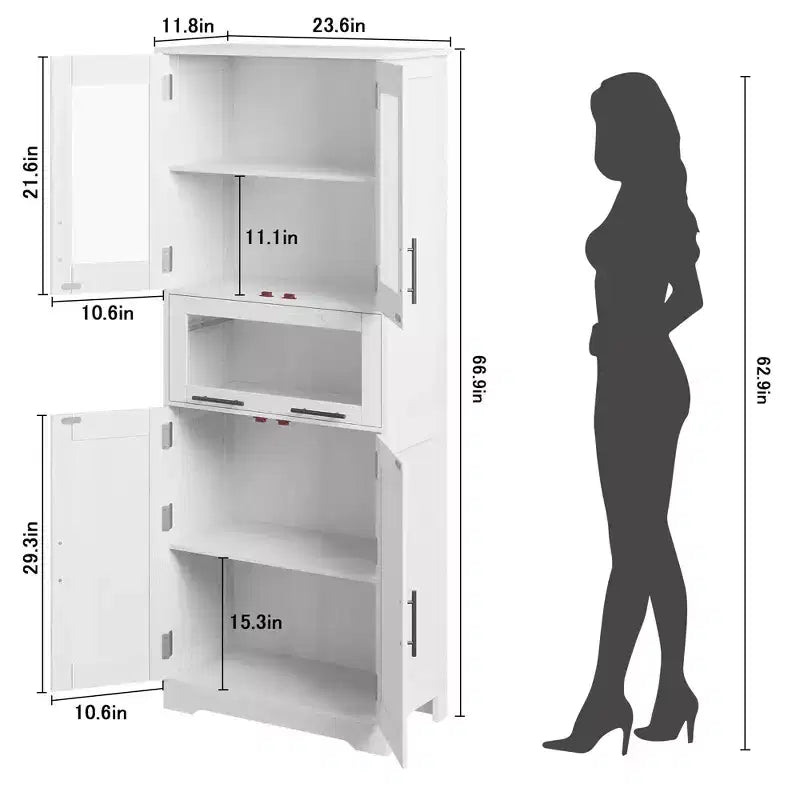 67 Tall Bathroom Cabinet, Freestanding Storage Cabinet with Glass Doors and Adjustable Shelves and Drawers,