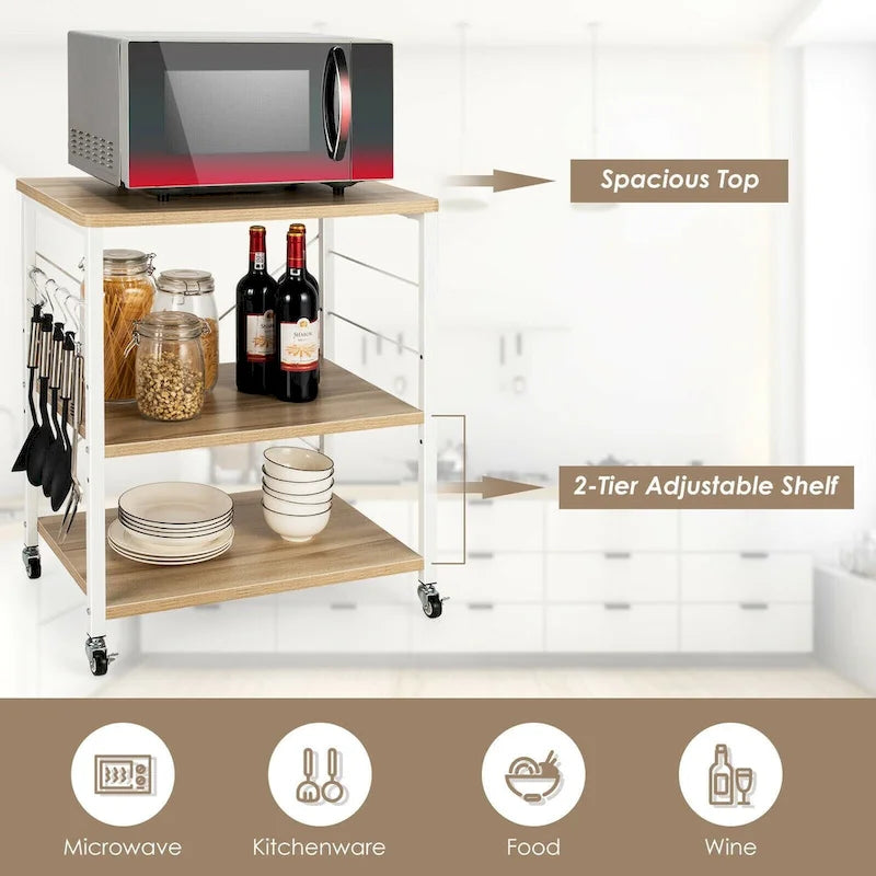 Rustic Brown 3-Tier Rolling Baker's Rack Microwave Cart with S-Hooks