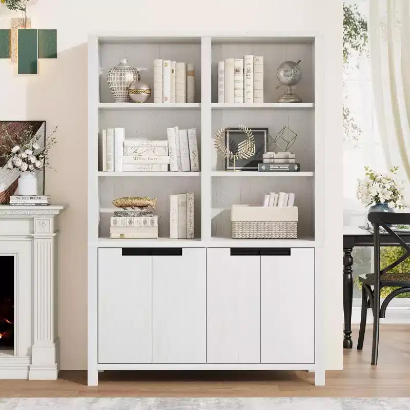 70.7 Gray/White Farmhouse Bookcase with Doors, 5-Tier Double Wide Bookshelf with Cabinet and Adjustable Shelf