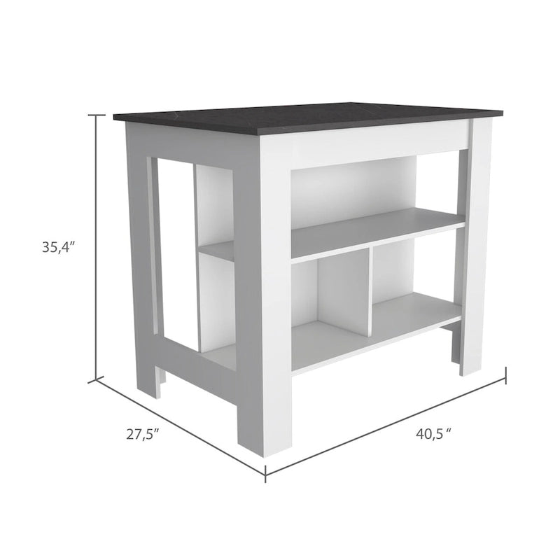 Transitional Kitchen Island with Dark Onyx Top and 3 Open Shelves