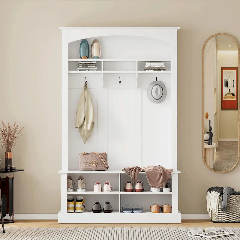 47.2 in. Hall Tree with Bench, 3 Hooks, and Adjustable Shoe Storage