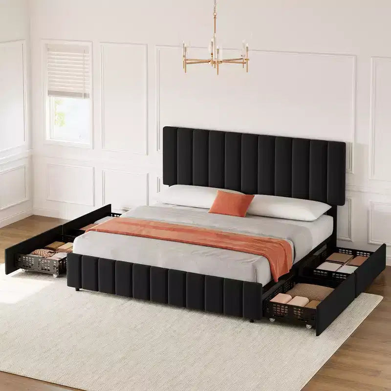 Linen Quilted Upholstered Platform Bed with Adjustable Headboard & 4 Storage Drawers, Sturdy Wooden Slats Support & No Box Spring Needed