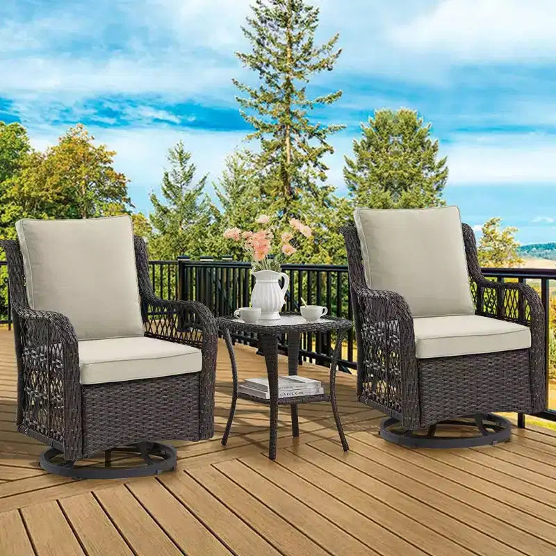 3 Pieces Outdoor Swivel Rocker Chair Set of 2 with Glass Top Table