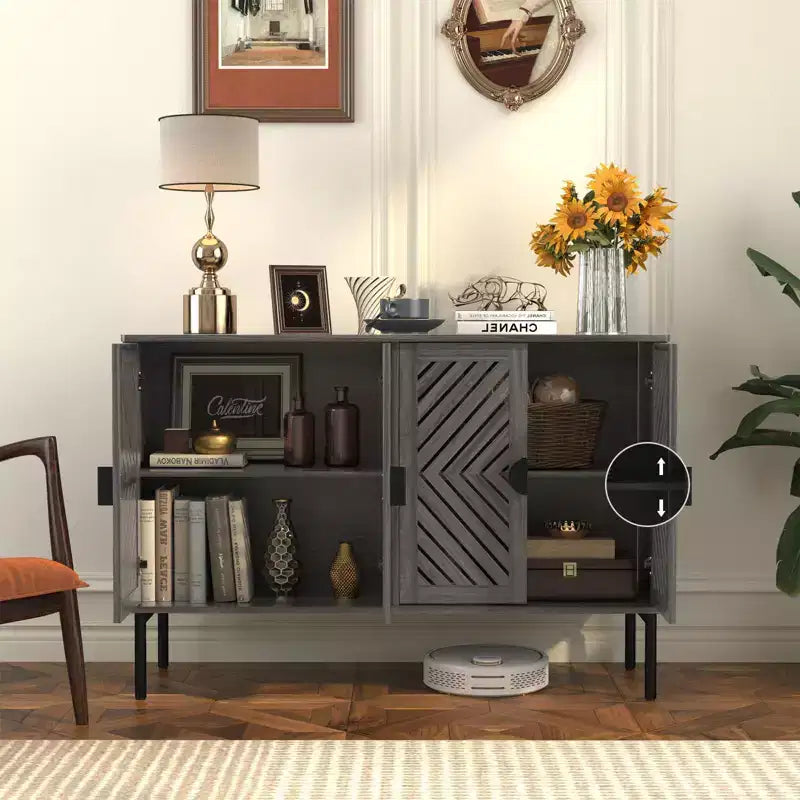 Sideboard Storage Cabinet with 4 Hollow Doors, Modern Accent Buffet Cabinet with Adjustable Shelves & Metal Handle, Credenza for Living Room Navy Blue