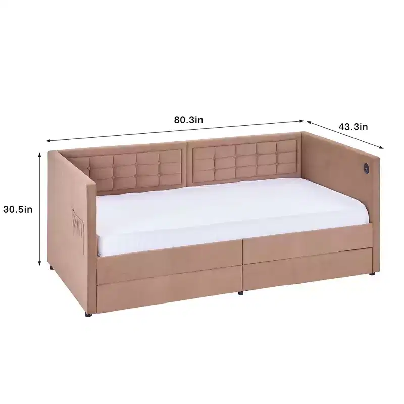 VECELO Twin Daybed with Storage Drawers, Upholstered Day Bed with Button Tufted headboard for Living Room/Bedroom, Built-in USB & Type C Ports, Brown