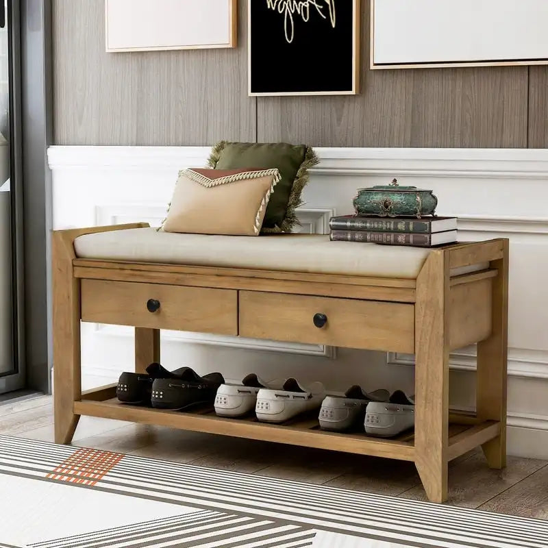 Entryway Storage Bench with Shoe Rack, 2 Drawers, and Open Shelf
