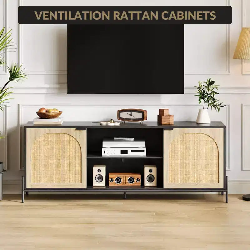 TV Stand with 3 Drawers - Rattan Media Console with Metal Legs, Black