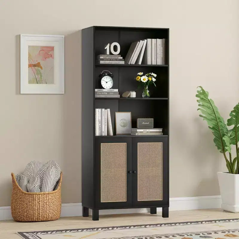 5-Shelf Bookcase with Rattan Doors - Tall Display Shelves for Home Office & Bedroom (Black)