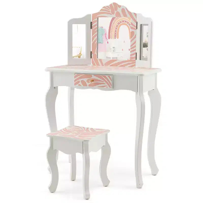 Costway Kid Vanity Set Wooden Makeup Table Stool Tri-Folding Mirror Zebra-Stripe Pink