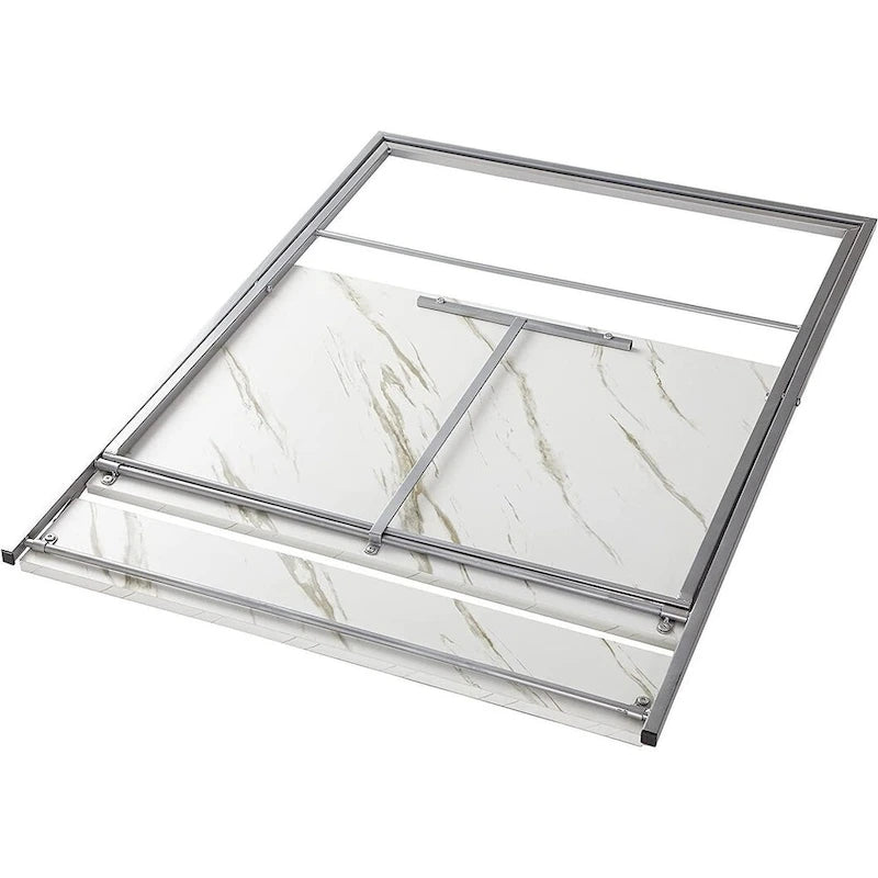 Foldable 2-Tier Compact Computer Desk, Marble Top, Silver Frame, No Tools Assembly