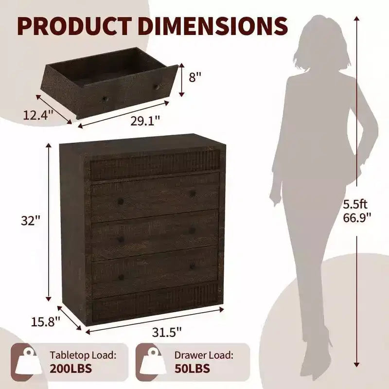 3/5 Drawer Dresser for Bedroom, 31.5 Wide Fluted Chest of Drawers, Modern Wooden Nightstand Storage Cabinet for Hallway, Living Room