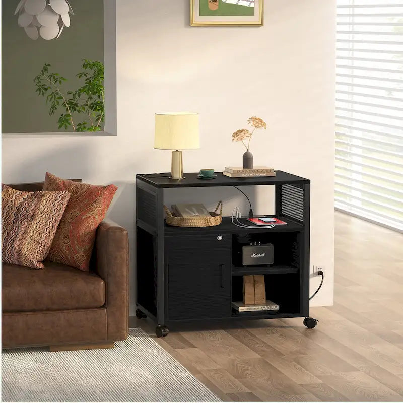 Rolling File Cabinet Lateral Office Filing Cabinets with Charging Station,Modern Printer Stand on Wheels