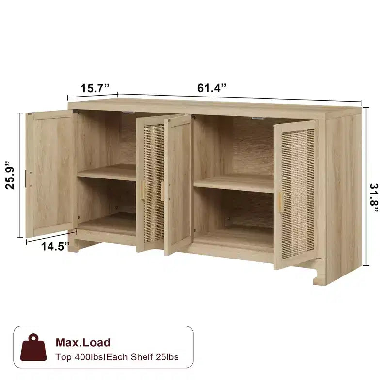 40 Rattan Buffet Cabinet with 4 Doors - Modern Sideboard for Dining Room, Multifunctional Coffee Bar & Entryway Console for Kitchen & Living Room