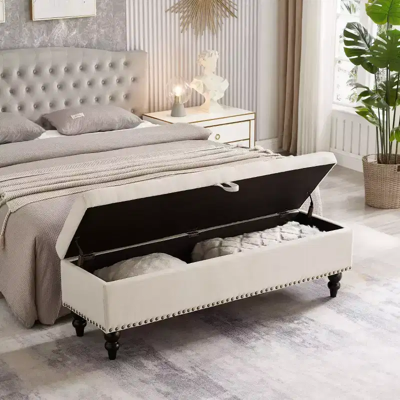 TUYOHW 59IN Storage Ottoman with Tufted Surface and Nail Trims Decoration, Foot Stools Ottoman with Storage, End Of Bed Bench for Bedroom, Beige
