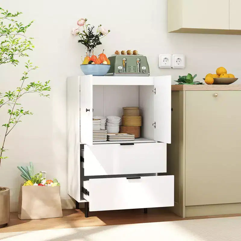 2-Door Serving Cupboard w/ Drawers & Storage Cabinet Metal Legs for Living Room