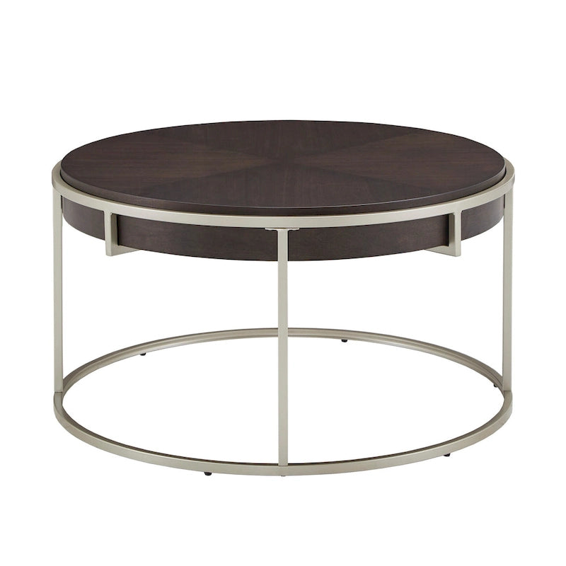 Round Coffee Table with Geometric Walnut Veneer Top and Gold Metal Base